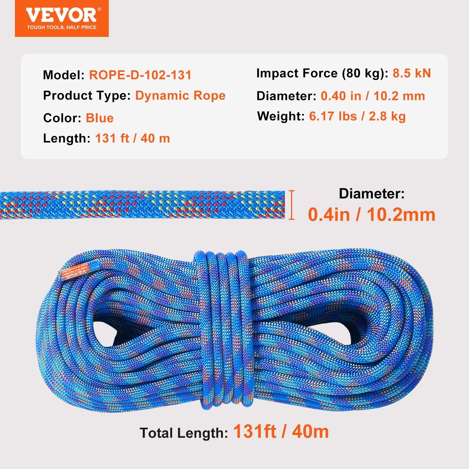VEVOR 10.2mm Dynamic Climbing Rope 40M(131ft) Outdoor Rock Climbing Rope Blue 