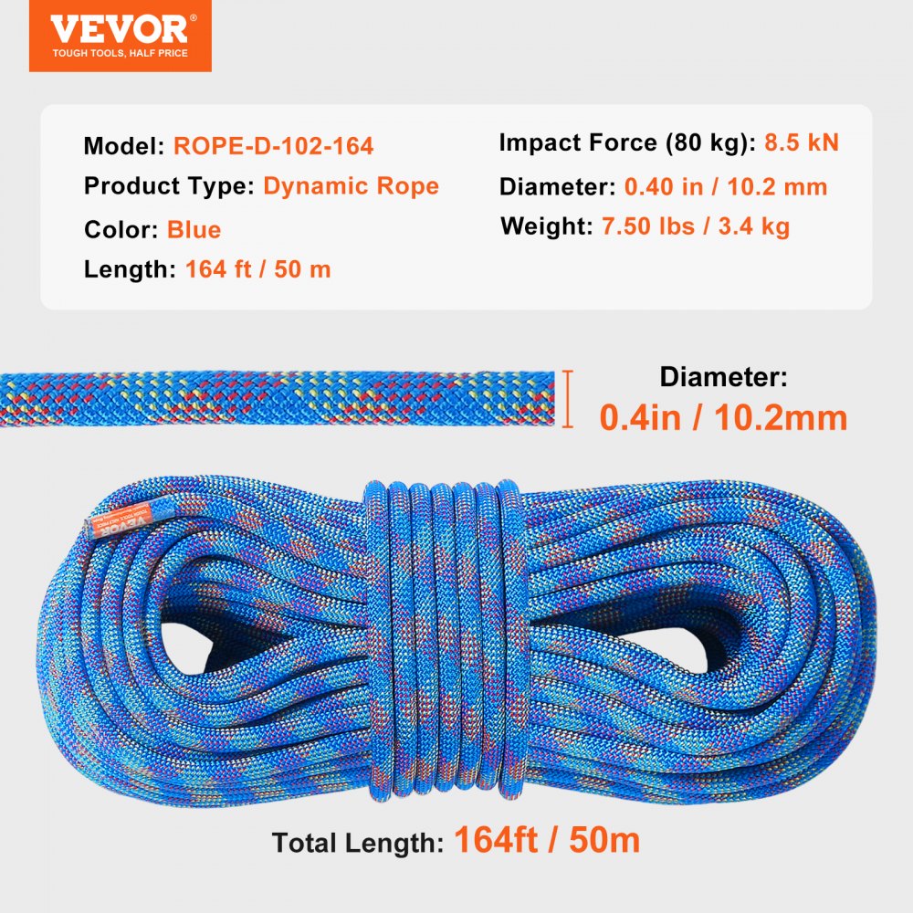 VEVOR 10.2mm Dynamic Climbing Rope 50M(164ft) Outdoor Rock Climbing Rope Blue 