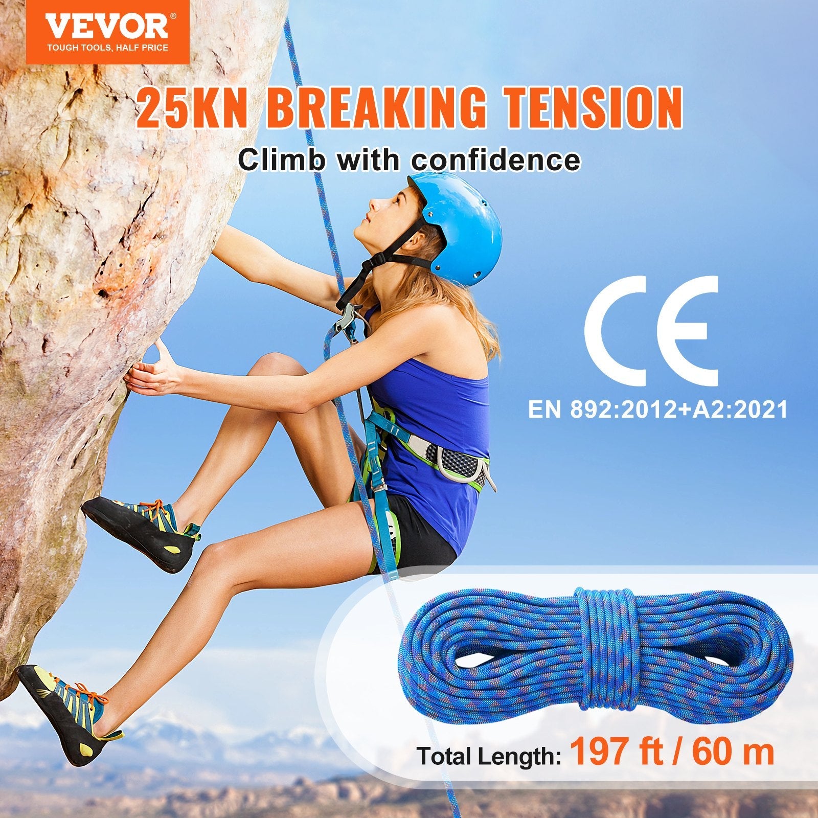 VEVOR 10.2mm Dynamic Climbing Rope 60M(197ft) Outdoor Rock Climbing Rope Blue 