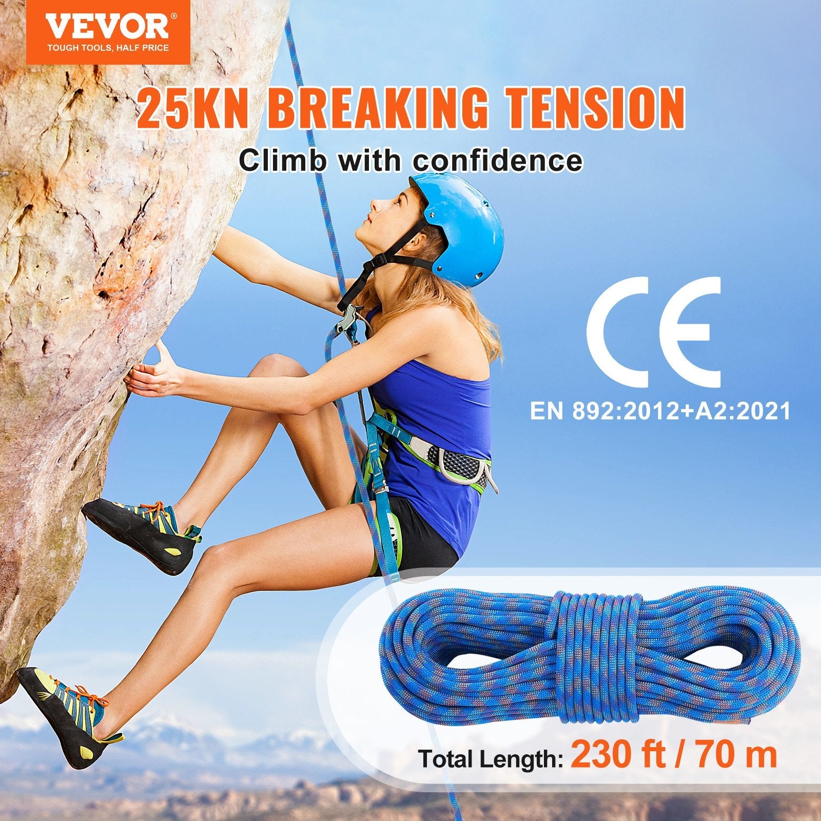 VEVOR 10.2mm Dynamic Climbing Rope 70M(230ft) Outdoor Rock Climbing Rope Blue 