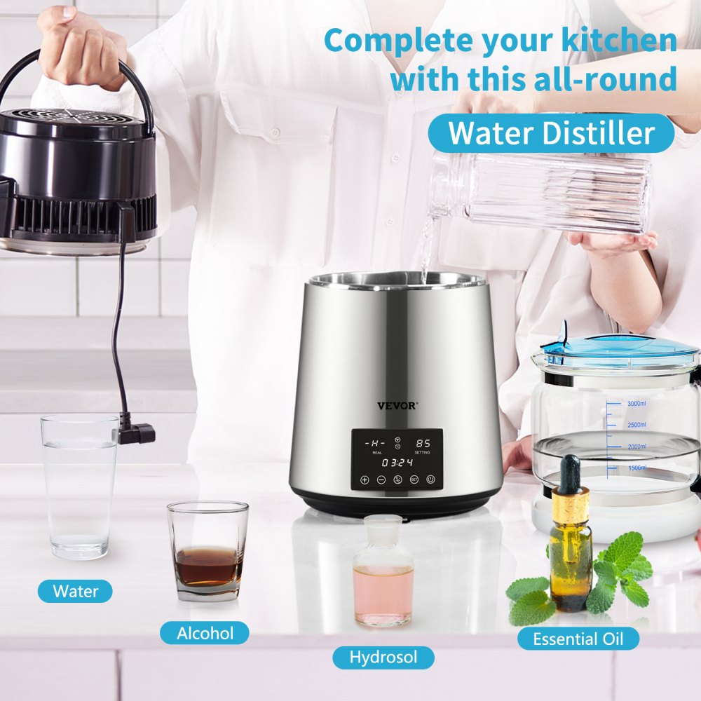 VEVOR Water Distiller, 1 L/H, 4L Distilled Water Maker w/ 0-99 H Timing, 750W Countertop Water Purifier w/ Dual Temp Display, Glass Carafe Cleaning Powder 3 Carbon Packs Equipped, FDA Approved, Silver 