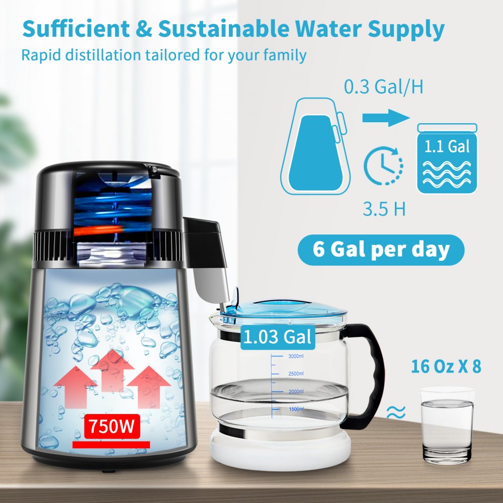 VEVOR Water Distiller, 1 L/H, 4L Distilled Water Maker w/ 0-99 H Timing, 750W Countertop Water Purifier w/ Dual Temp Display, Glass Carafe Cleaning Powder 3 Carbon Packs Equipped, FDA Approved, Silver 