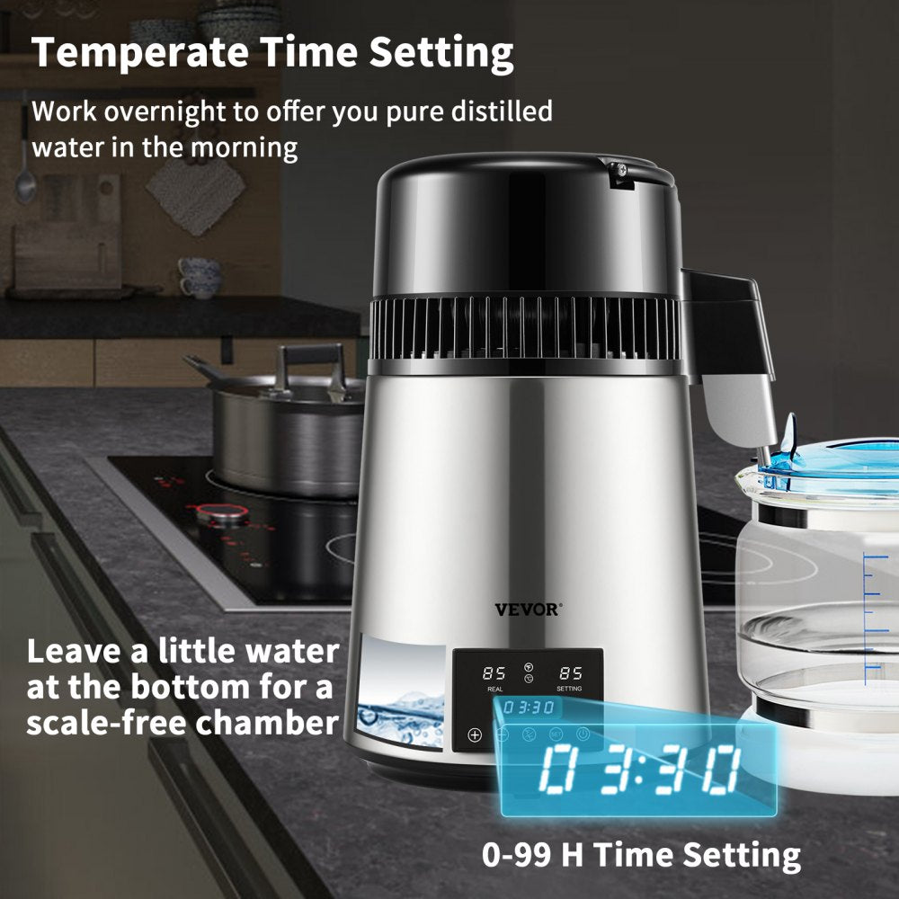 VEVOR Water Distiller, 1 L/H, 4L Distilled Water Maker w/ 0-99 H Timing, 750W Countertop Water Purifier w/ Dual Temp Display, Glass Carafe Cleaning Powder 3 Carbon Packs Equipped, FDA Approved, Silver 
