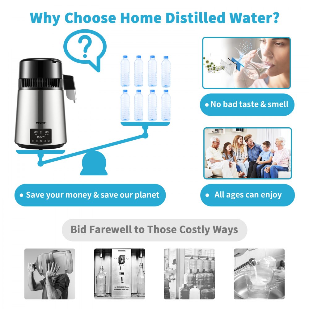 VEVOR Water Distiller, 1 L/H, 4L Distilled Water Maker w/ 0-99 H Timing, 750W Countertop Water Purifier w/ Dual Temp Display, Glass Carafe Cleaning Powder 3 Carbon Packs Equipped, FDA Approved, Silver 