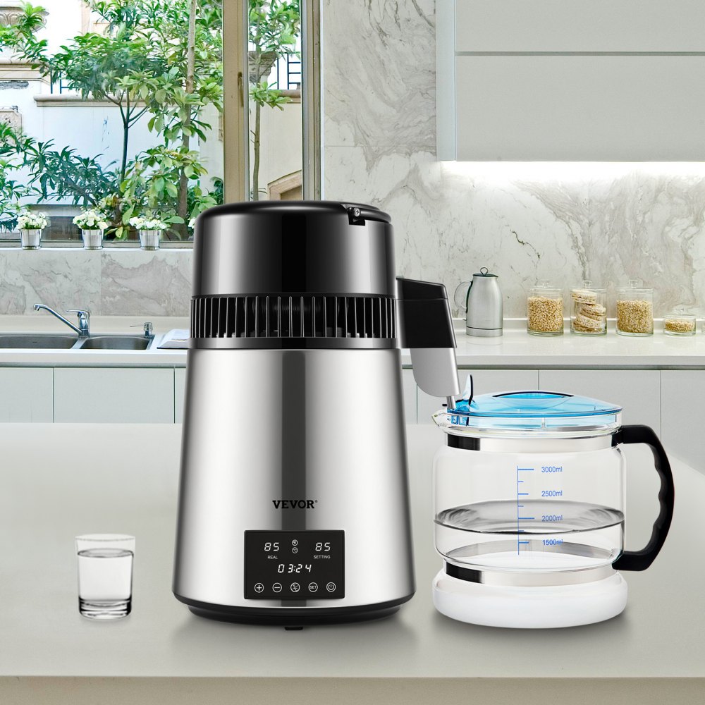 VEVOR Water Distiller, 1 L/H, 4L Distilled Water Maker w/ 0-99 H Timing, 750W Countertop Water Purifier w/ Dual Temp Display, Glass Carafe Cleaning Powder 3 Carbon Packs Equipped, FDA Approved, Silver 