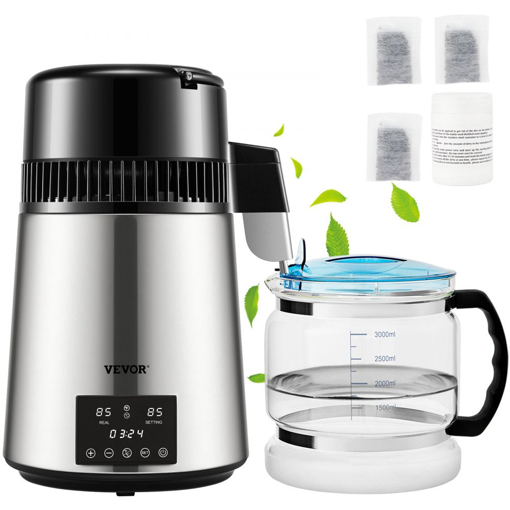 VEVOR Water Distiller, 1 L/H, 4L Distilled Water Maker w/ 0-99 H Timing, 750W Countertop Water Purifier w/ Dual Temp Display, Glass Carafe Cleaning Powder 3 Carbon Packs Equipped, FDA Approved, Silver 