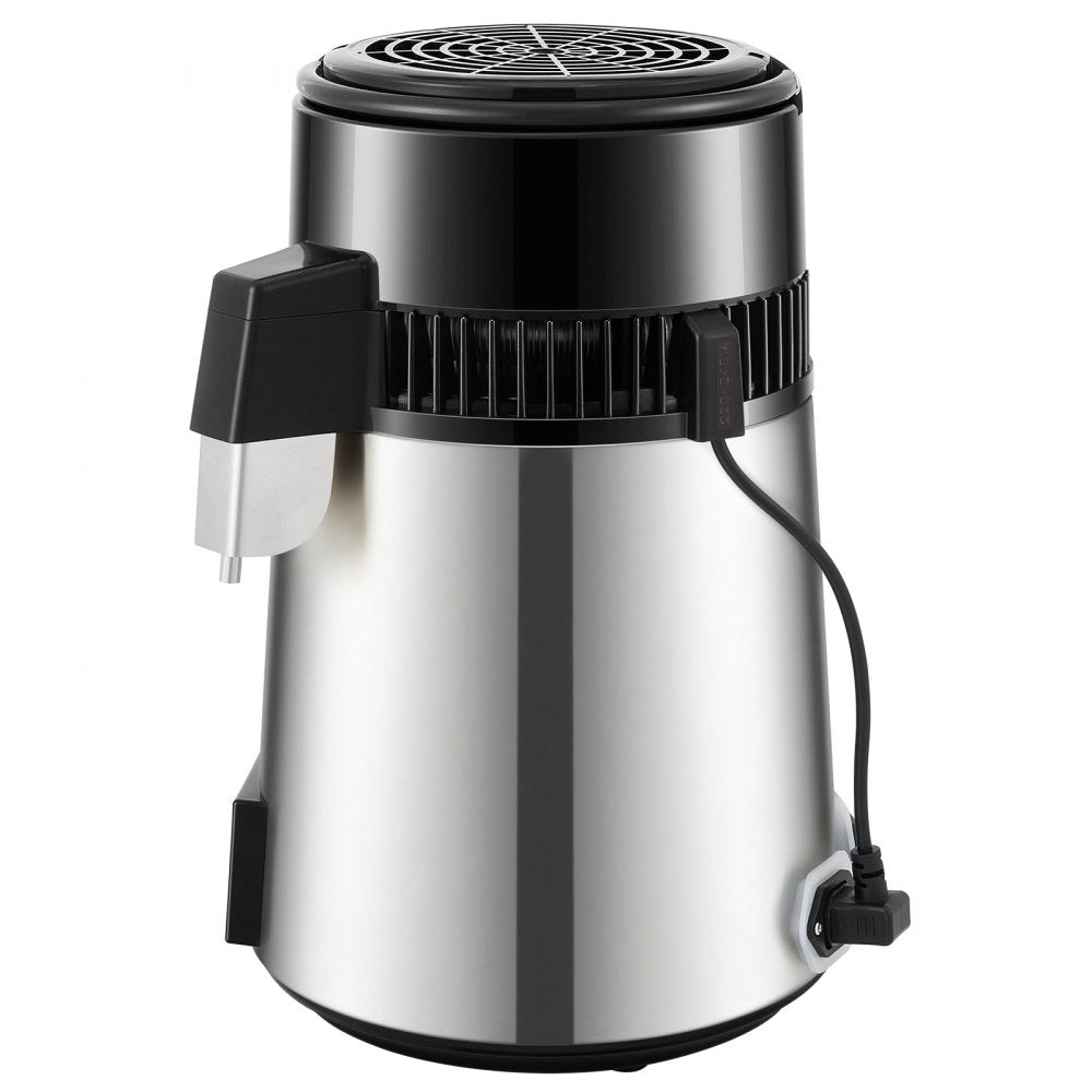 VEVOR Water Distiller, 1 L/H, 4L Distilled Water Maker w/ 0-99 H Timing, 750W Countertop Water Purifier w/ Dual Temp Display, Glass Carafe Cleaning Powder 3 Carbon Packs Equipped, FDA Approved, Silver 