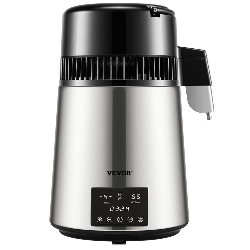 VEVOR Water Distiller, 1 L/H, 4L Distilled Water Maker w/ 0-99 H Timing, 750W Countertop Water Purifier w/ Dual Temp Display, Glass Carafe Cleaning Powder 3 Carbon Packs Equipped, FDA Approved, Silver 