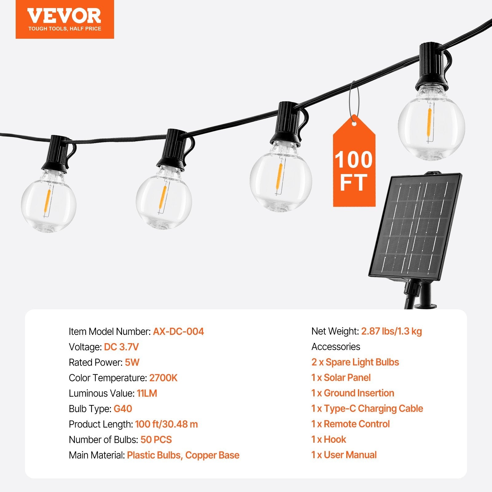 100FT Solar LED Outdoor String Patio Lights Waterproof with Remote Control 
