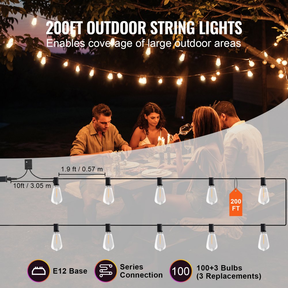 200FT LED Outdoor String Lights – 100 ST38 Shatterproof Bulbs – 2700K Dimmable Waterproof Patio Lights