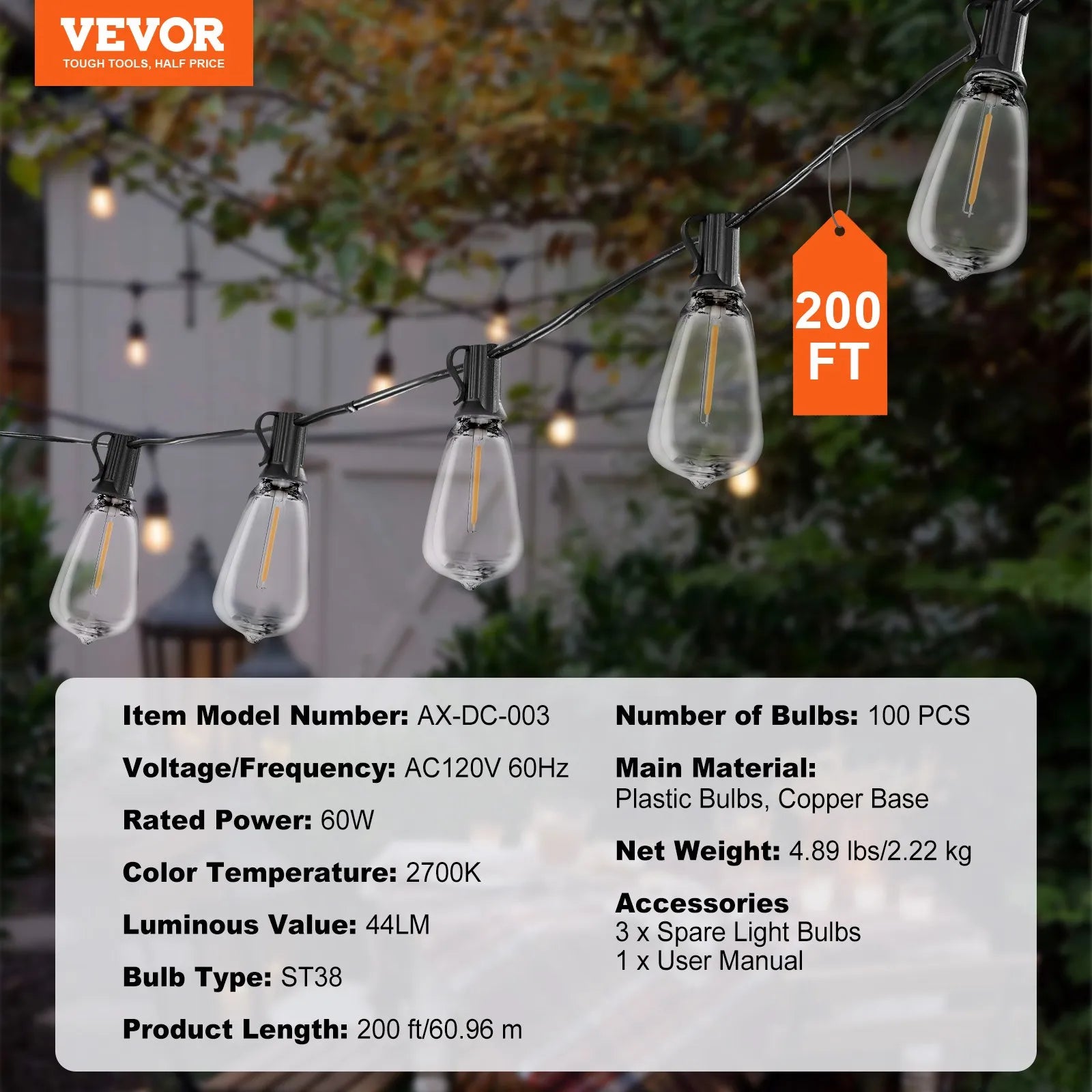 200FT LED Outdoor String Lights – 100 ST38 Shatterproof Bulbs – 2700K Dimmable Waterproof Patio Lights