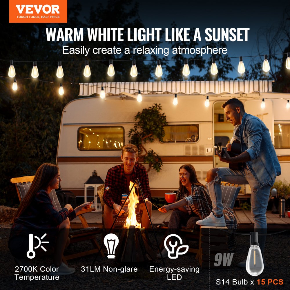 VEVOR 50FT LED Outdoor String Patio Lights Waterproof 15 S14 Shatterproof Bulbs 