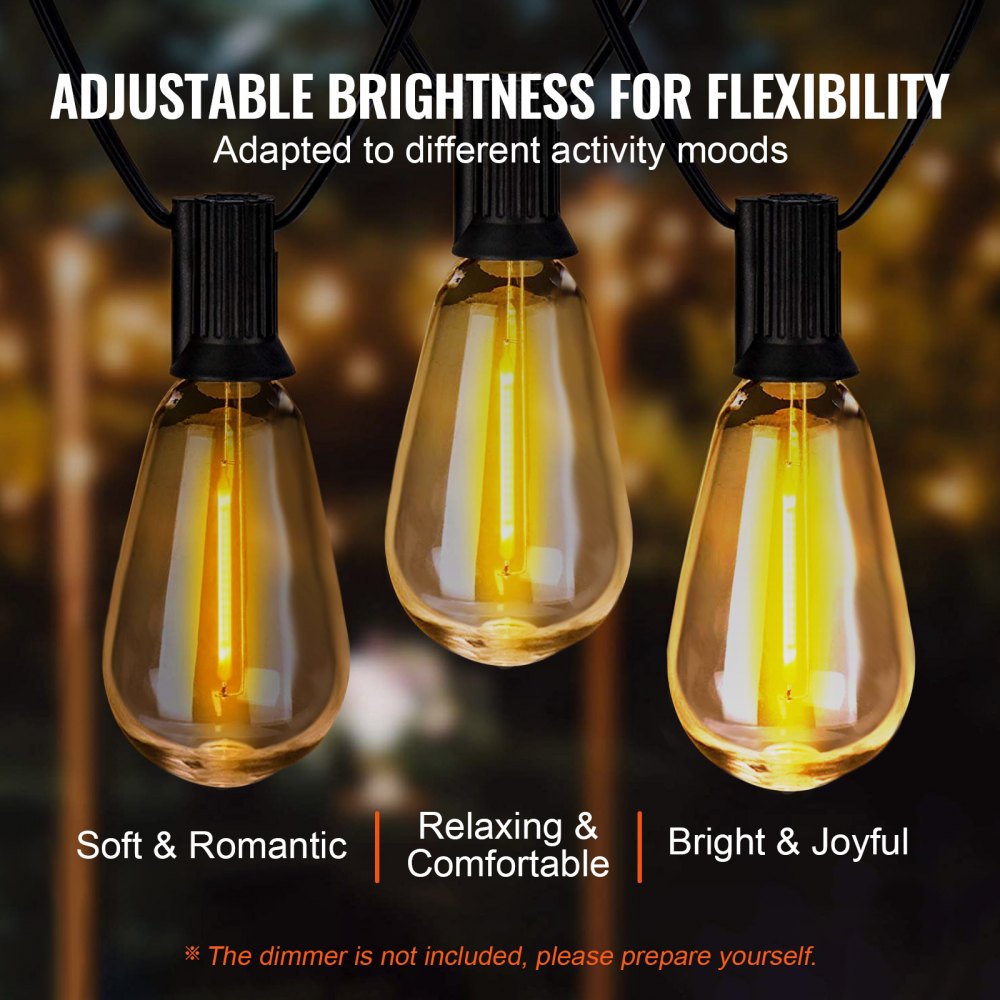 VEVOR 50FT LED Outdoor String Patio Lights Waterproof 15 S14 Shatterproof Bulbs 