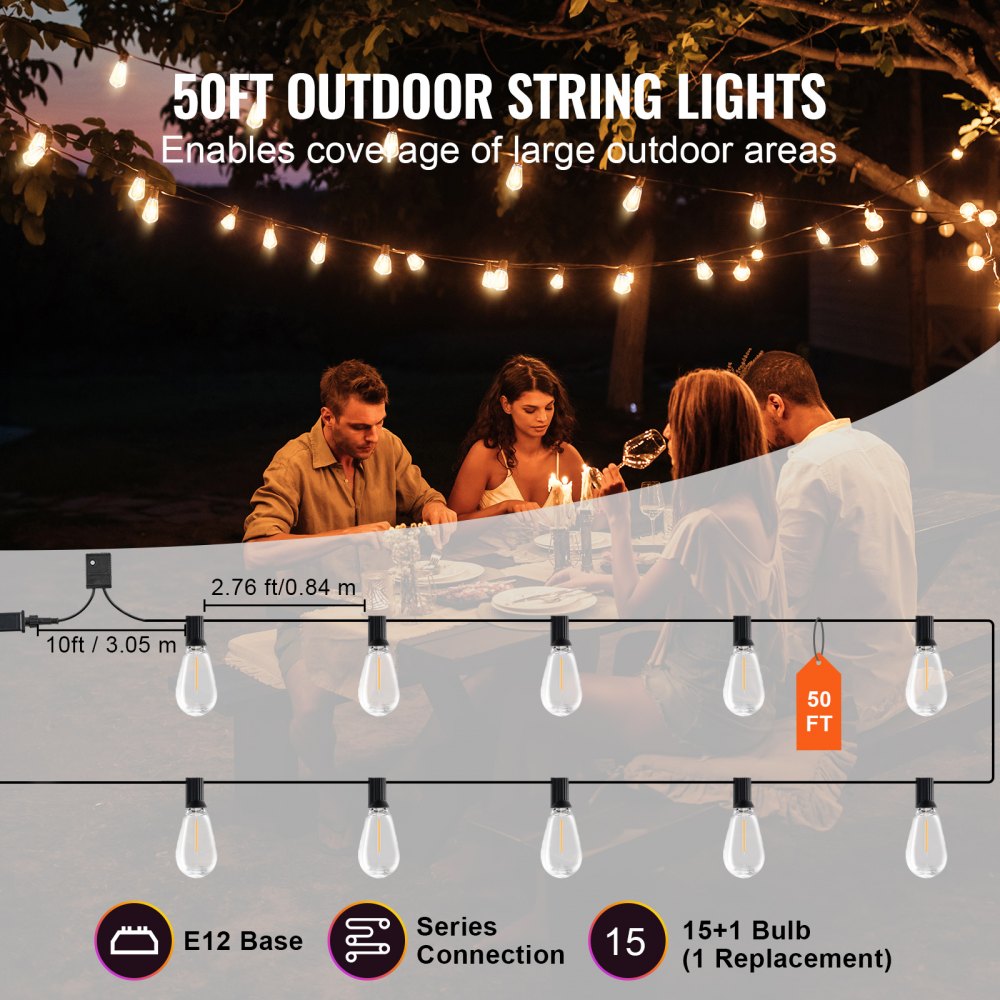 VEVOR 50FT LED Outdoor String Patio Lights Waterproof 15 S14 Shatterproof Bulbs 