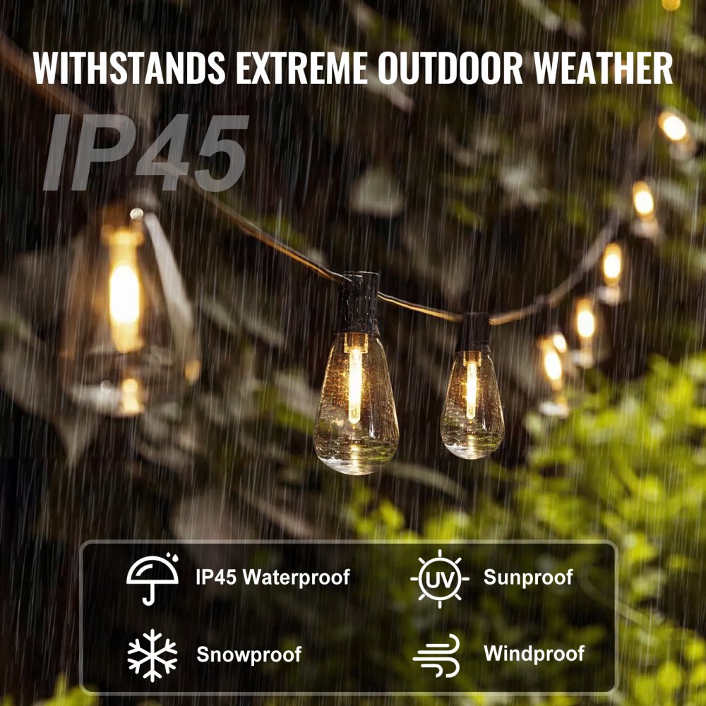 VEVOR 50FT LED Outdoor String Patio Lights Waterproof 15 S14 Shatterproof Bulbs 