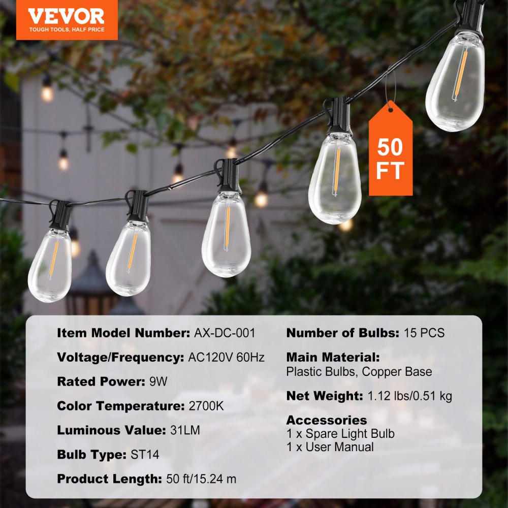 VEVOR 50FT LED Outdoor String Patio Lights Waterproof 15 S14 Shatterproof Bulbs 