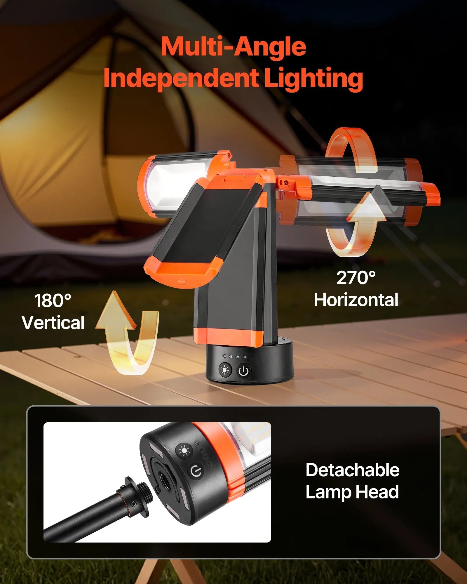 VEVOR LED Work Light with Stand, 10Ah, Rechargeable Cordless Camping Light, with 3 Lamp Heads, Detachable Tripod Stand, 2200 Lumens 3000K-6500K Dimmable, Portable Construction Lighting for Job Site 