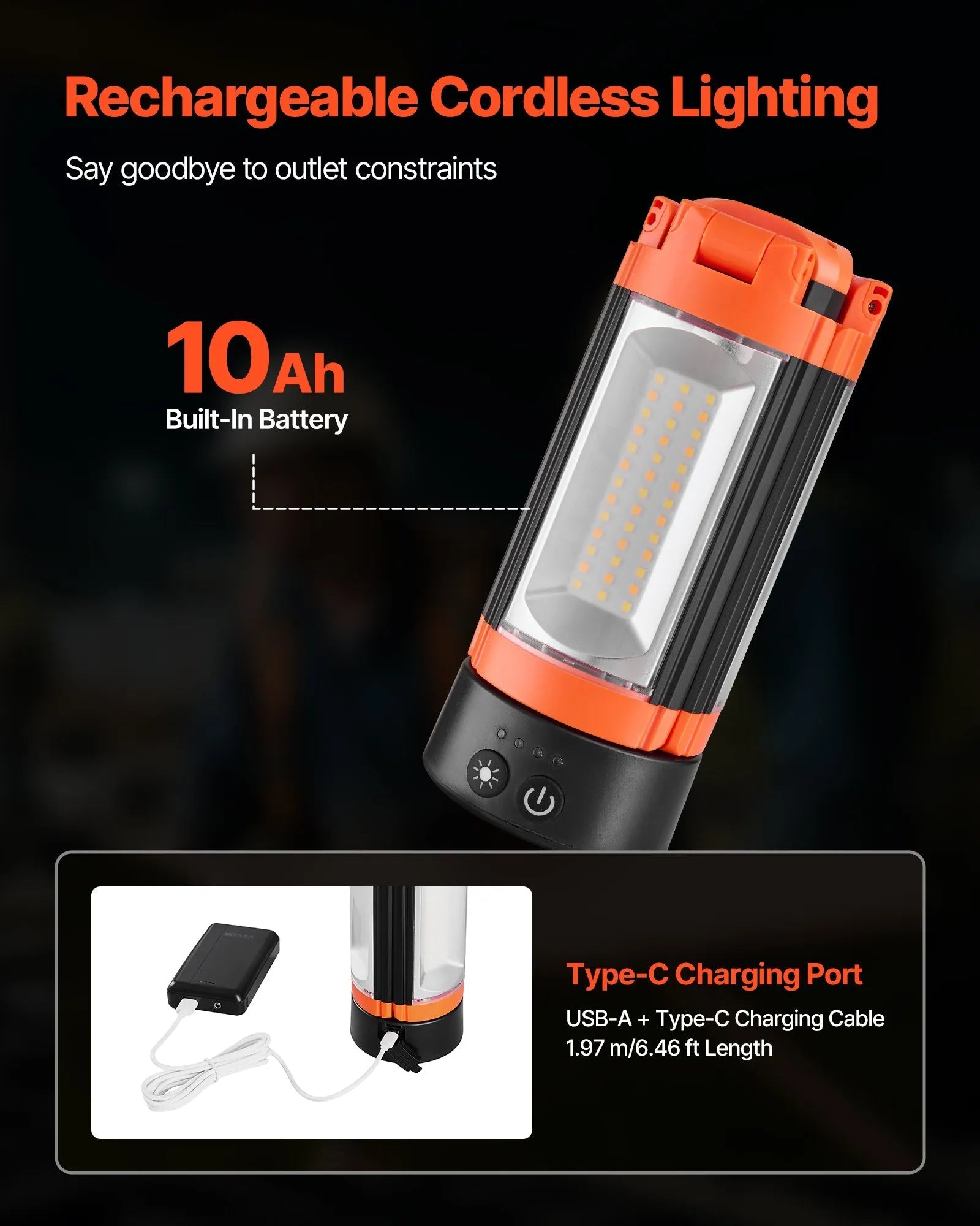 VEVOR LED Work Light with Stand, 10Ah, Rechargeable Cordless Camping Light, with 3 Lamp Heads, Detachable Tripod Stand, 2200 Lumens 3000K-6500K Dimmable, Portable Construction Lighting for Job Site 