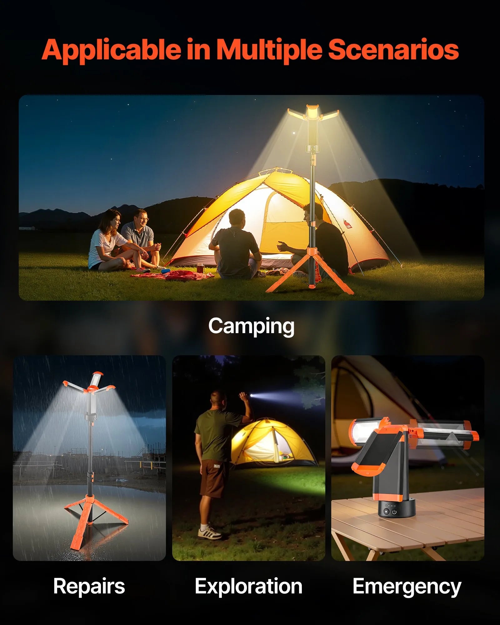 VEVOR LED Work Light with Stand, 10Ah, Rechargeable Cordless Camping Light, with 3 Lamp Heads, Detachable Tripod Stand, 2200 Lumens 3000K-6500K Dimmable, Portable Construction Lighting for Job Site 