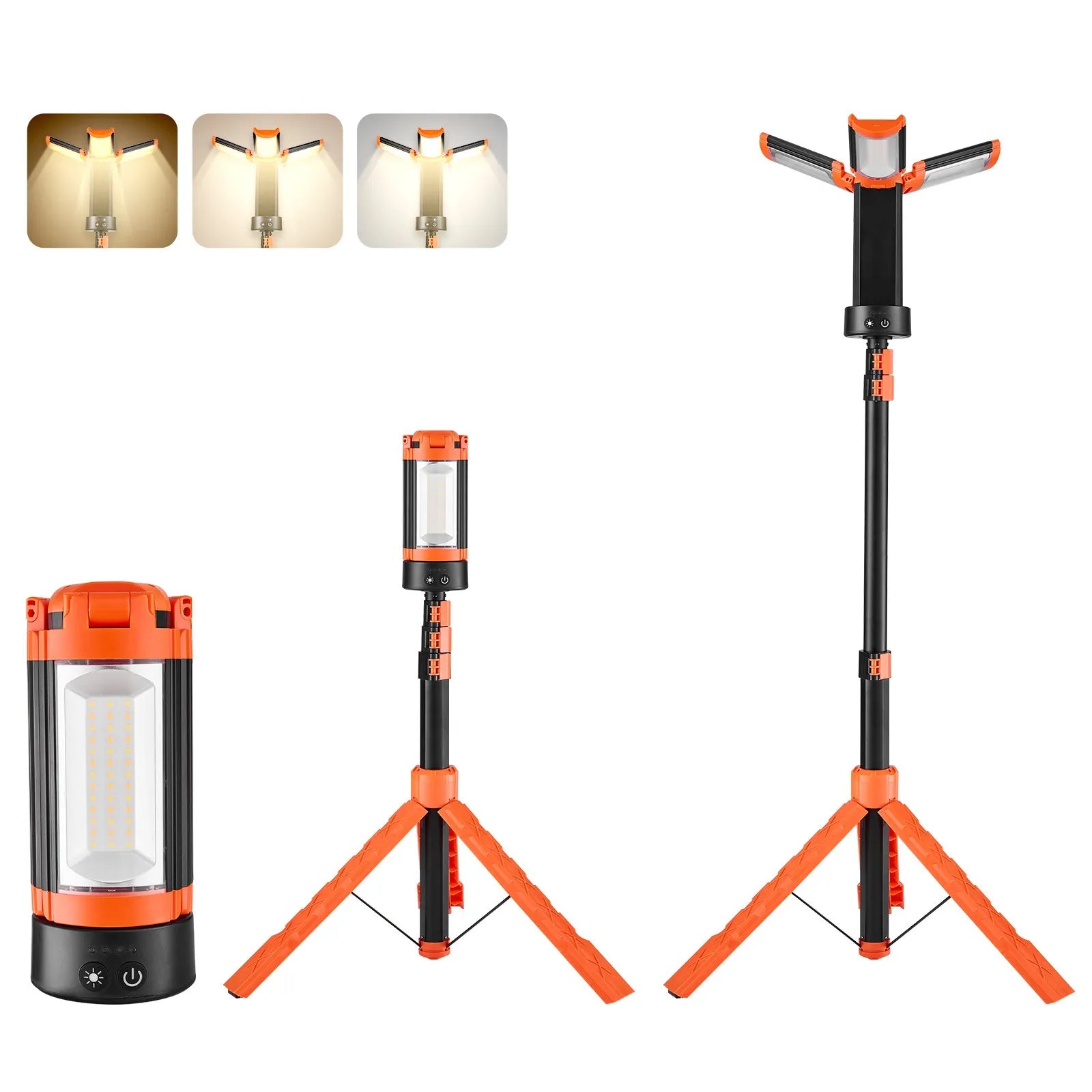 VEVOR LED Work Light with Stand, 10Ah, Rechargeable Cordless Camping Light, with 3 Lamp Heads, Detachable Tripod Stand, 2200 Lumens 3000K-6500K Dimmable, Portable Construction Lighting for Job Site 