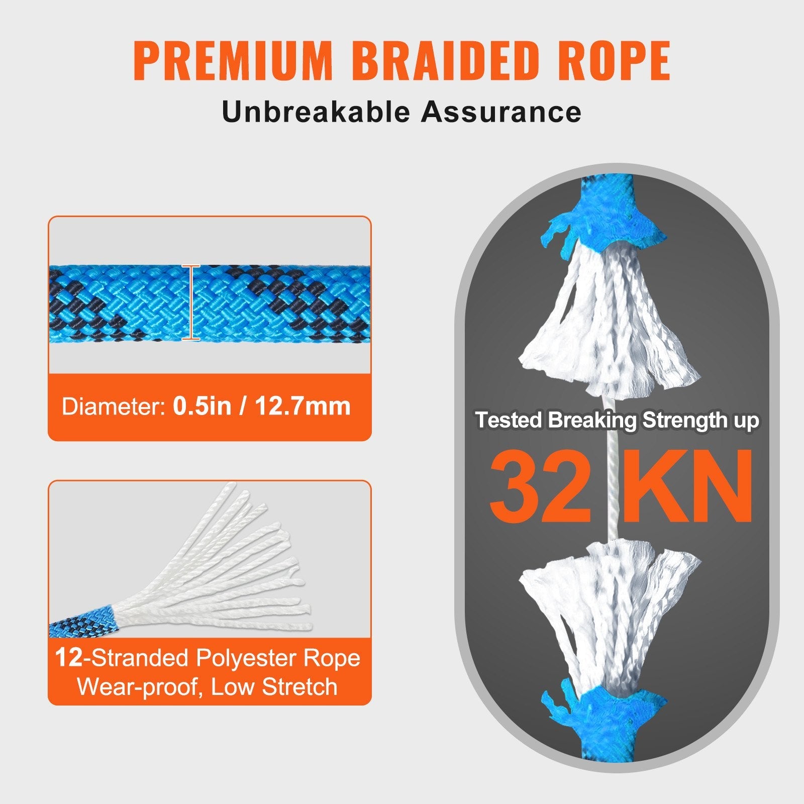 VEVOR 12.7mm Static Climbing Rope 38M(125ft) Outdoor Rock Climbing Rope Blue 