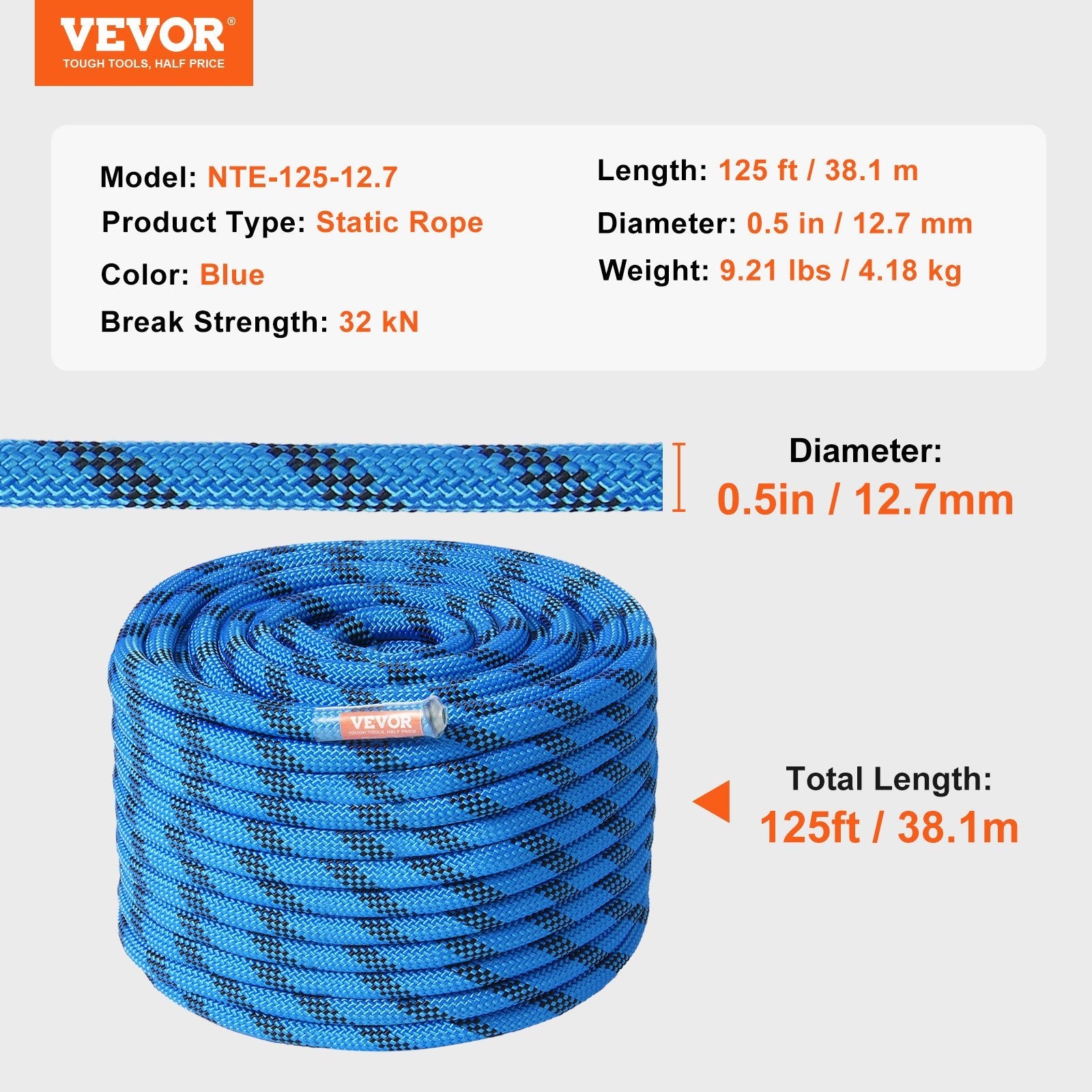 VEVOR 12.7mm Static Climbing Rope 38M(125ft) Outdoor Rock Climbing Rope Blue 