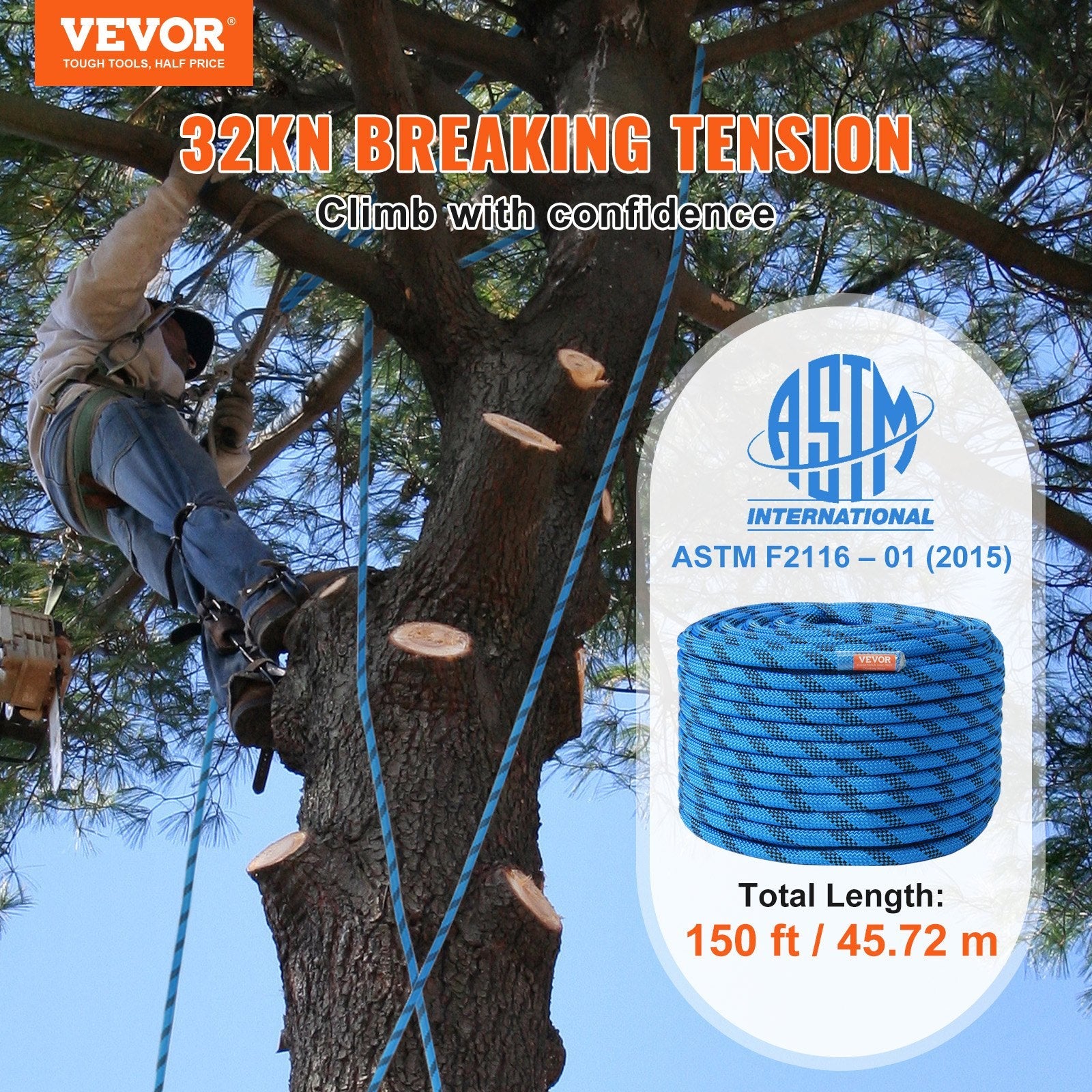 VEVOR 12.7mm Static Climbing Rope 45.7M(150ft) Outdoor Rock Climbing Rope Blue 