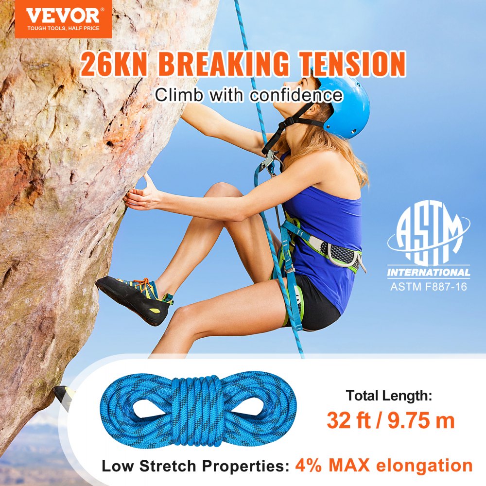 VEVOR Static Climbing Rope, 32 ft Outdoor Rock Climbing Rope with 26KN Breaking Tension, 0.4'' /10 mm High Strength Safety Rope, Escape Rope with 2pcs Carabiner and Storage Bag 