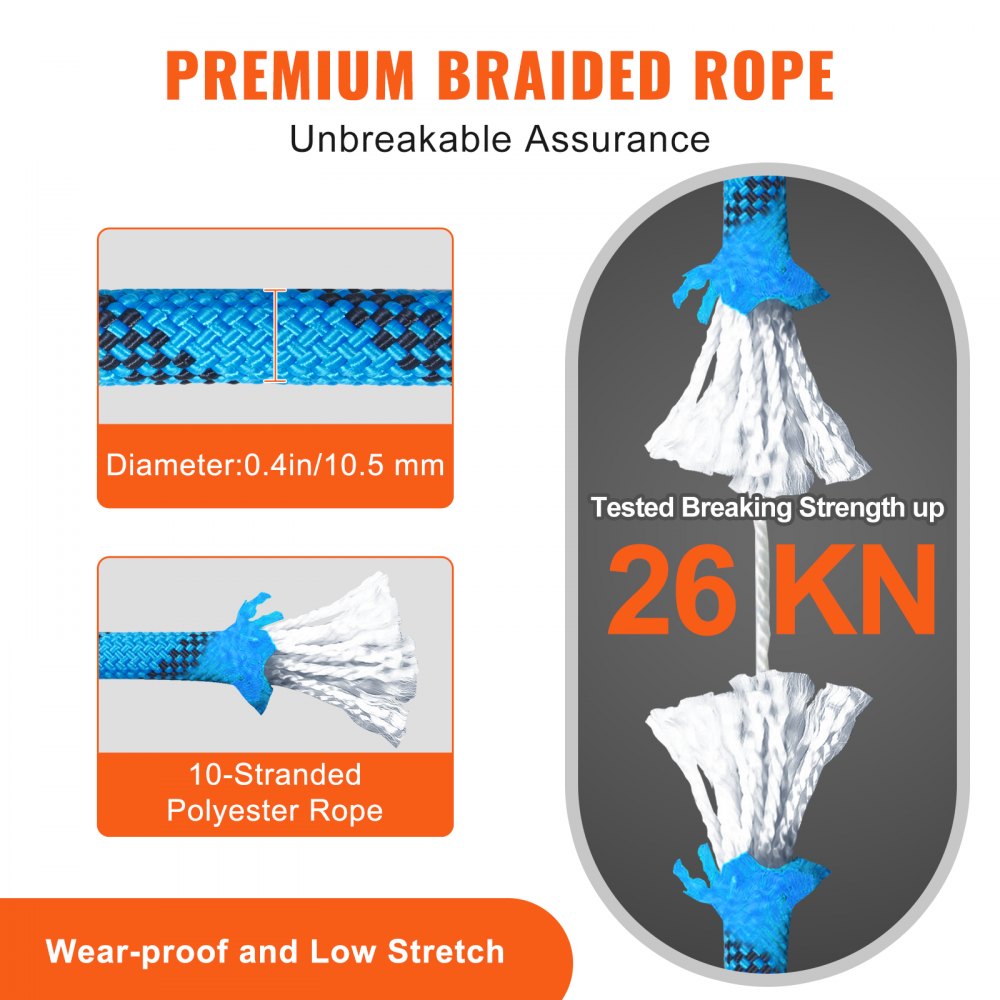 VEVOR Static Climbing Rope, 32 ft Outdoor Rock Climbing Rope with 26KN Breaking Tension, 0.4'' /10 mm High Strength Safety Rope, Escape Rope with 2pcs Carabiner and Storage Bag 