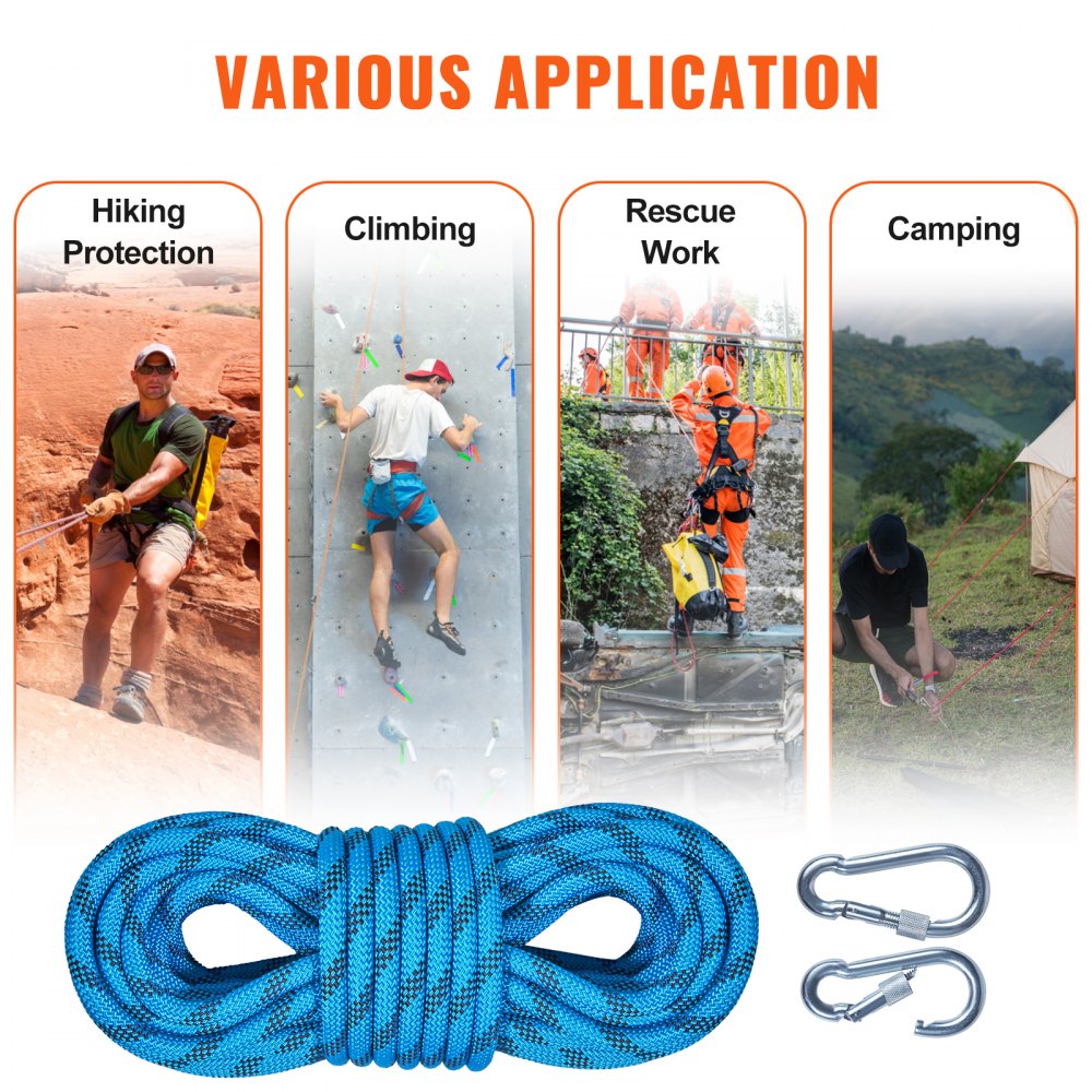 VEVOR Static Climbing Rope, 32 ft Outdoor Rock Climbing Rope with 26KN Breaking Tension, 0.4'' /10 mm High Strength Safety Rope, Escape Rope with 2pcs Carabiner and Storage Bag 