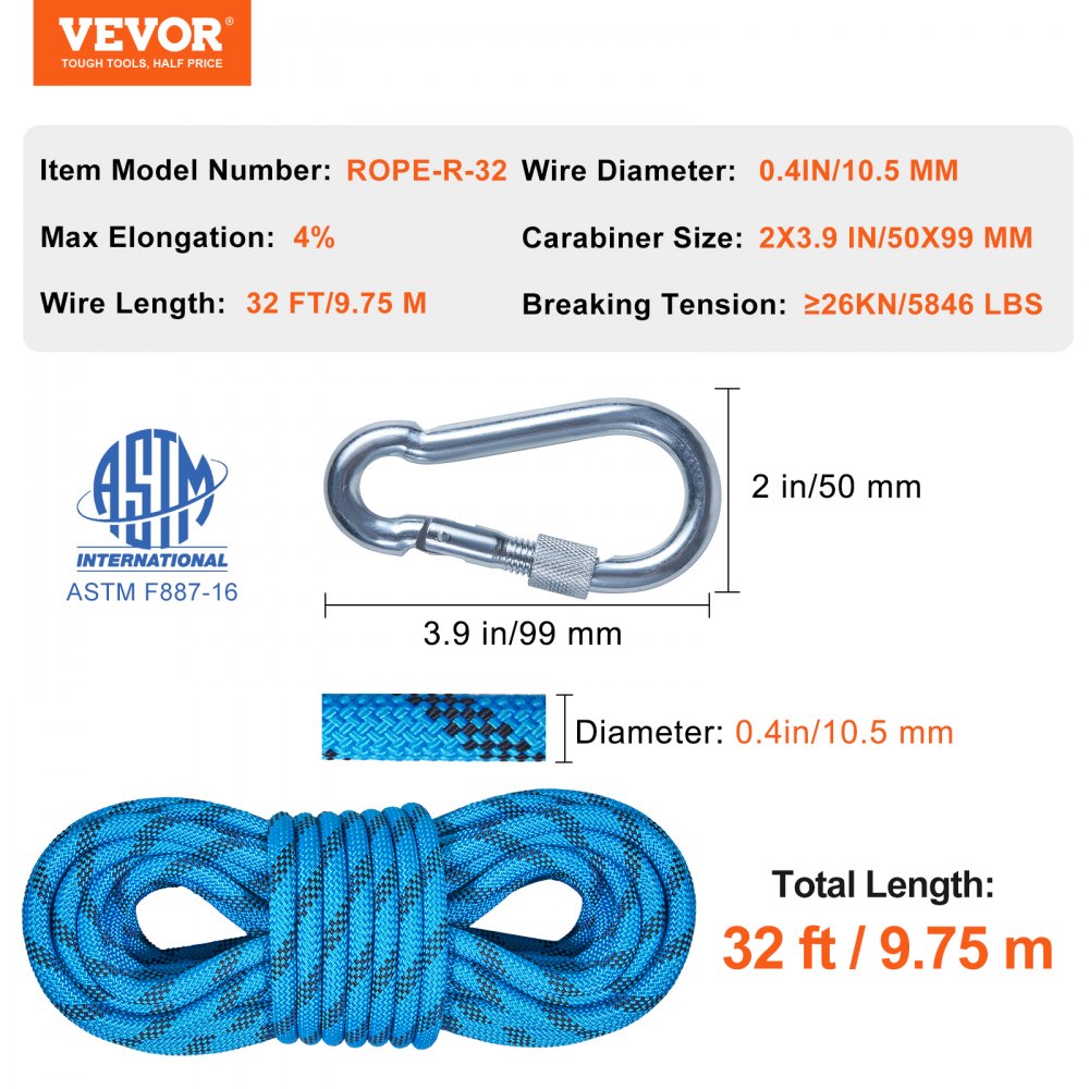 VEVOR Static Climbing Rope, 32 ft Outdoor Rock Climbing Rope with 26KN Breaking Tension, 0.4'' /10 mm High Strength Safety Rope, Escape Rope with 2pcs Carabiner and Storage Bag 