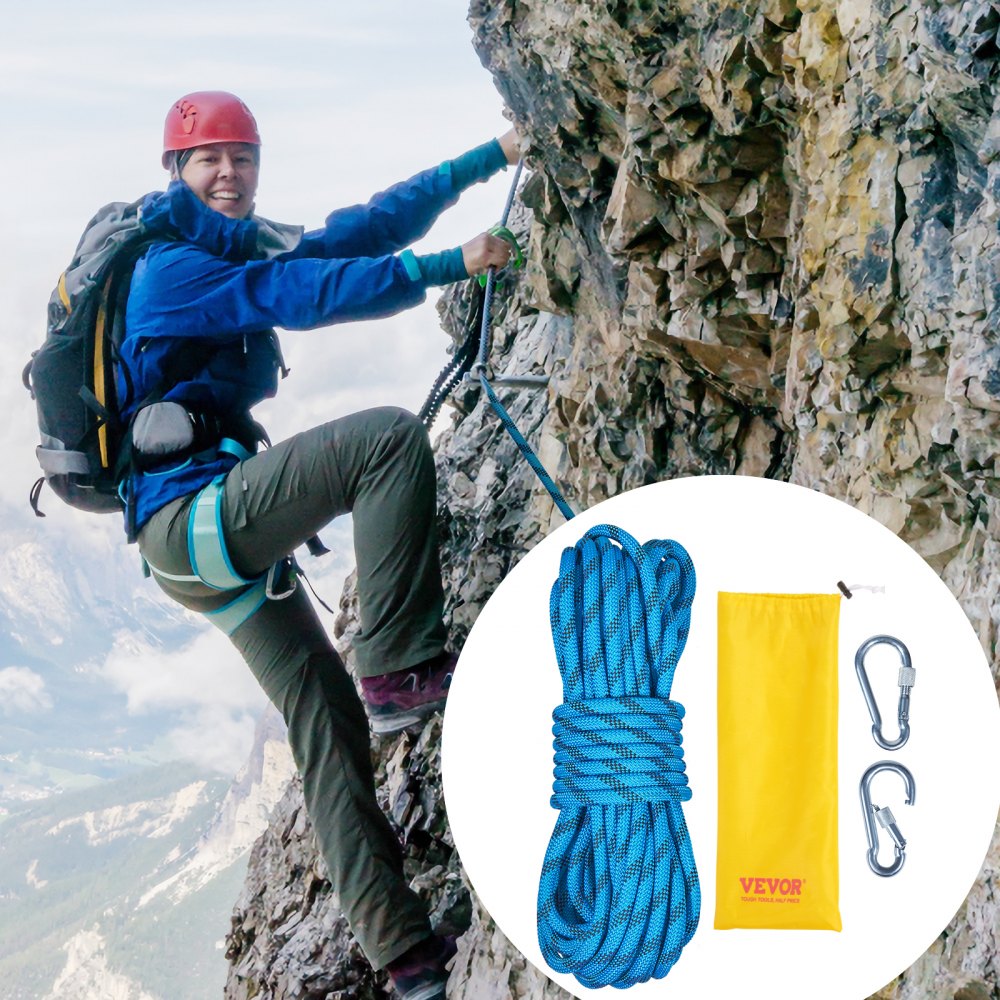 VEVOR Static Climbing Rope, 32 ft Outdoor Rock Climbing Rope with 26KN Breaking Tension, 0.4'' /10 mm High Strength Safety Rope, Escape Rope with 2pcs Carabiner and Storage Bag 