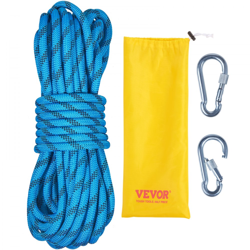VEVOR Static Climbing Rope, 32 ft Outdoor Rock Climbing Rope with 26KN Breaking Tension, 0.4'' /10 mm High Strength Safety Rope, Escape Rope with 2pcs Carabiner and Storage Bag 