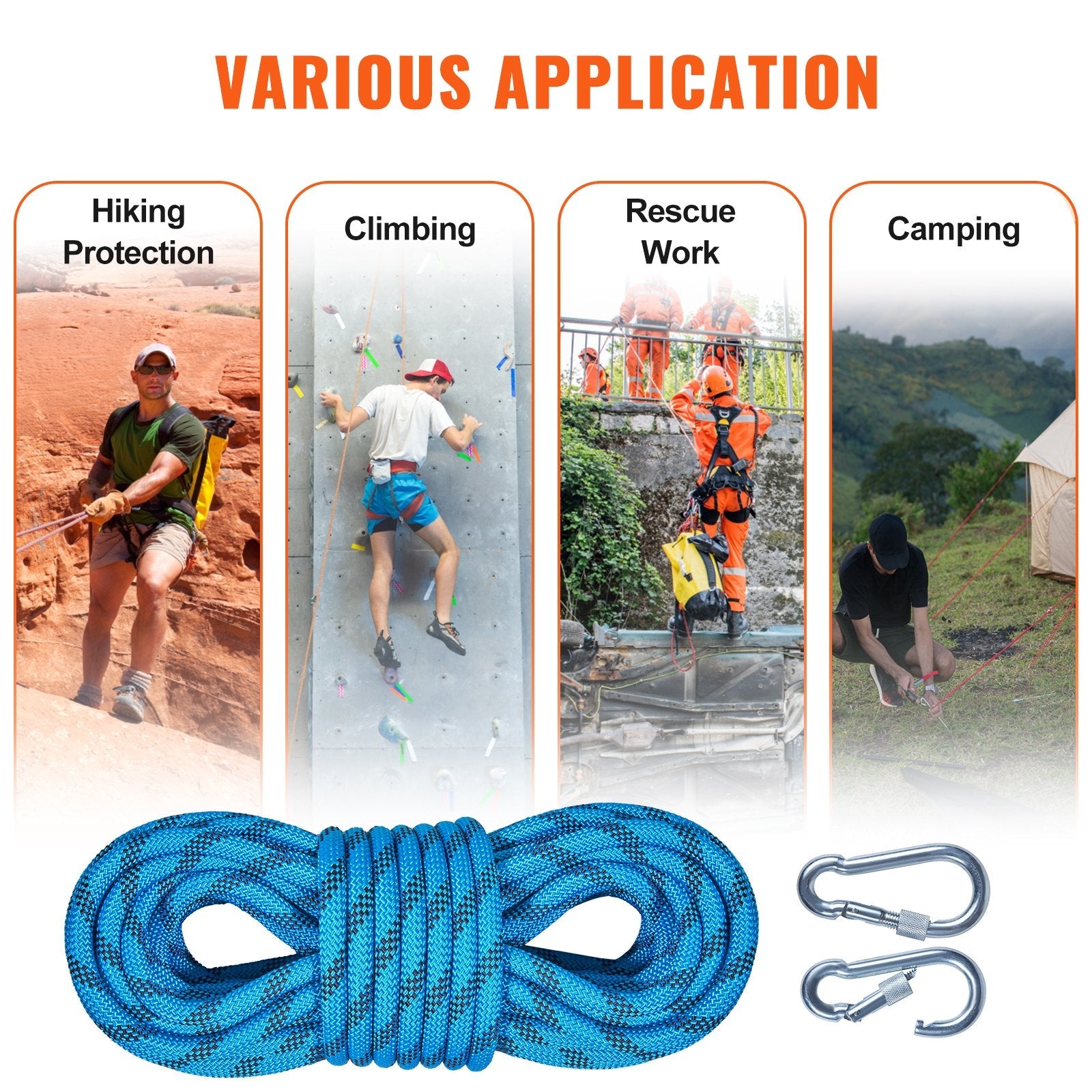 VEVOR Static Climbing Rope, 64 ft Outdoor Rock Climbing Rope with 26KN Breaking Tension, 0.4'' /10mm High Strength Safety Rope, Escape Rope with 2pcs Carabiner and Storage Bag 