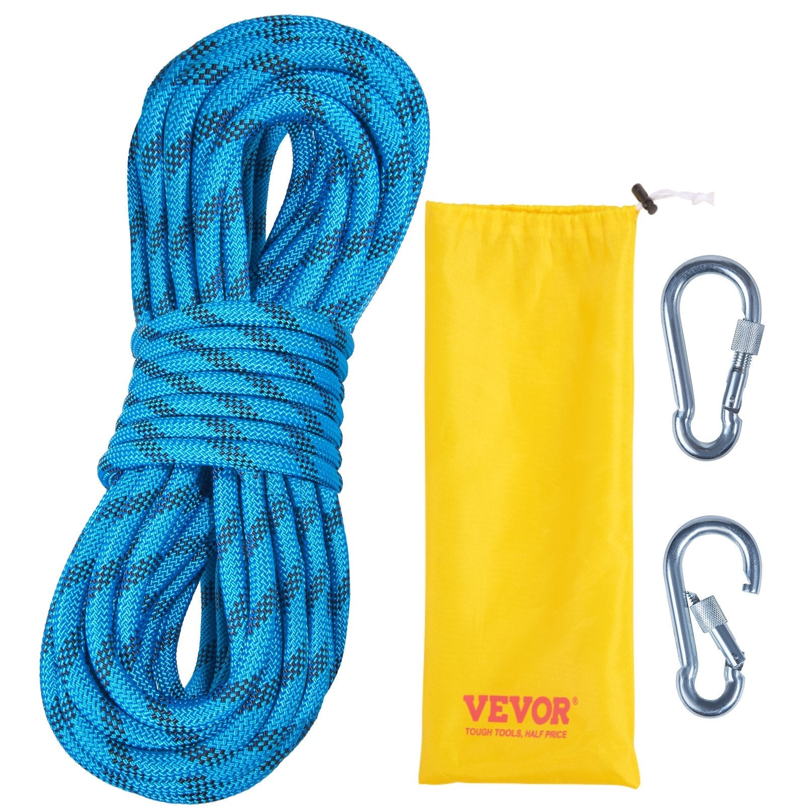 VEVOR Static Climbing Rope, 64 ft Outdoor Rock Climbing Rope with 26KN Breaking Tension, 0.4'' /10mm High Strength Safety Rope, Escape Rope with 2pcs Carabiner and Storage Bag 