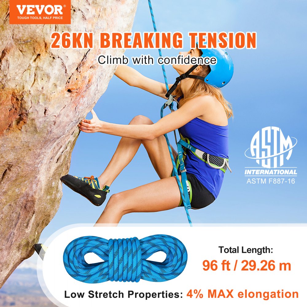 VEVOR Static Climbing Rope, 96 ft Outdoor Rock Climbing Rope with 26KN Breaking Tension, 0.4'' /10mm High Strength Safety Rope, Escape Rope with 2pcs Carabiner and Storage Bag 