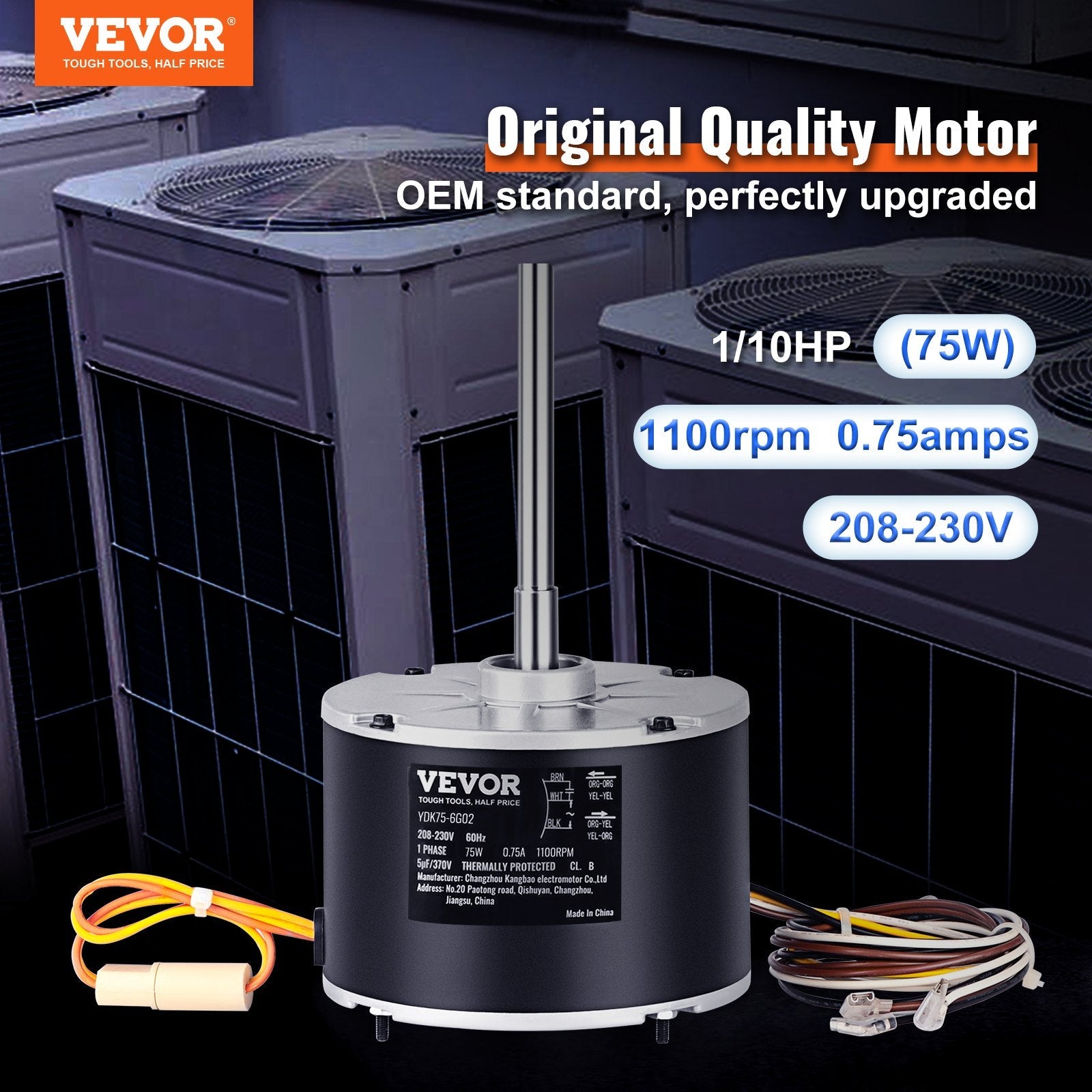 VEVOR Condenser Fan Motor 5KCP39BGS069S, 5KCP39BGY915S, 1/10 HP 208-230V, 1100RPM, OEM Standard Upgraded Replacement Condenser Motor Reversible Rotating, Explosion-proof CBB65 5?F/370V Capacitor 