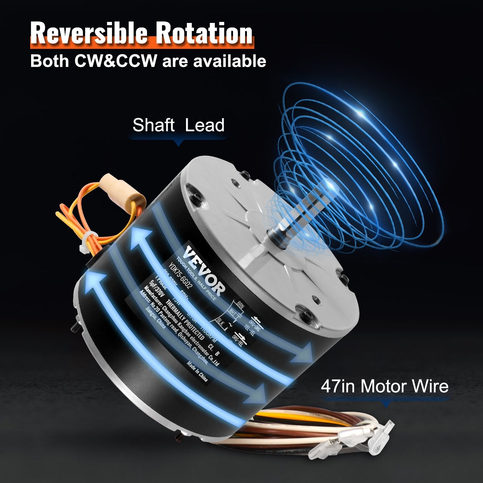 VEVOR Condenser Fan Motor 5KCP39BGS069S, 5KCP39BGY915S, 1/10 HP 208-230V, 1100RPM, OEM Standard Upgraded Replacement Condenser Motor Reversible Rotating, Explosion-proof CBB65 5?F/370V Capacitor 