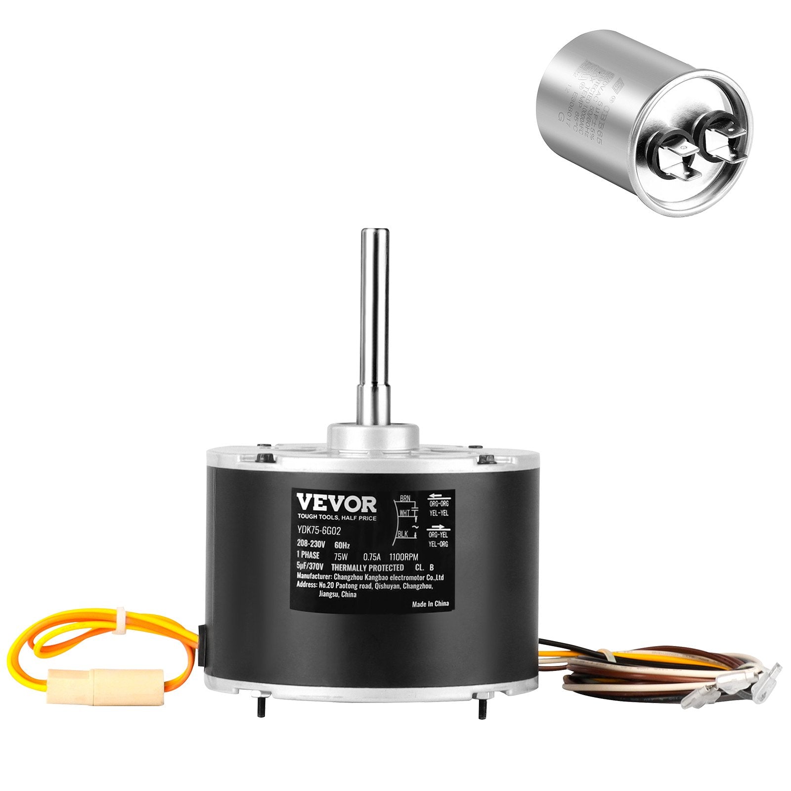 VEVOR Condenser Fan Motor 5KCP39BGS069S, 5KCP39BGY915S, 1/10 HP 208-230V, 1100RPM, OEM Standard Upgraded Replacement Condenser Motor Reversible Rotating, Explosion-proof CBB65 5?F/370V Capacitor 