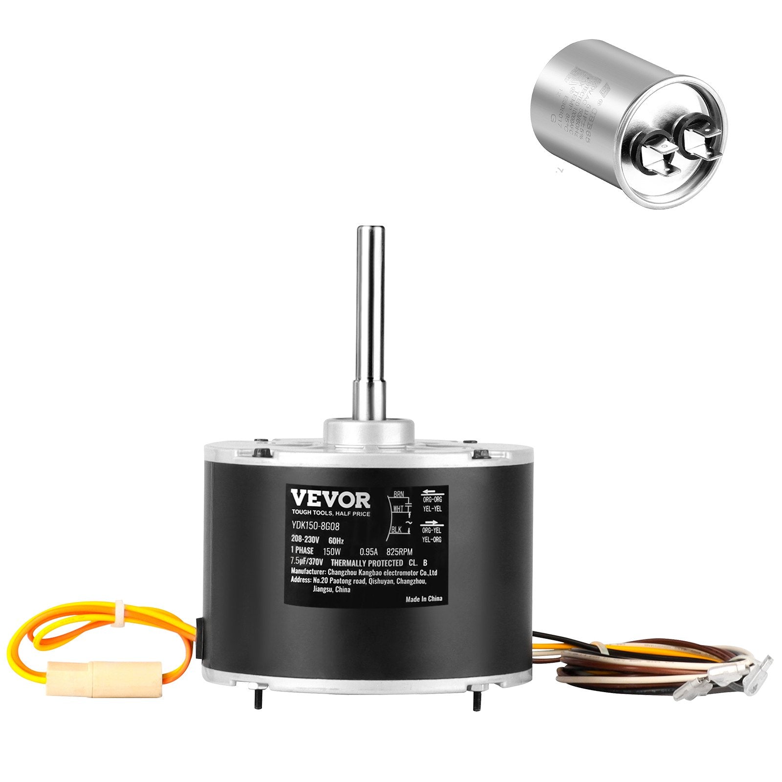 VEVOR Condenser Fan Motor 5KCP39GFS166S, 3S003, 1/5 HP 208-230V, 825RPM, OEM Standard Upgraded Replacement Condenser Motor Reversible Rotating, Explosion-proof CBB65 7.5?F/370V Capacitor 