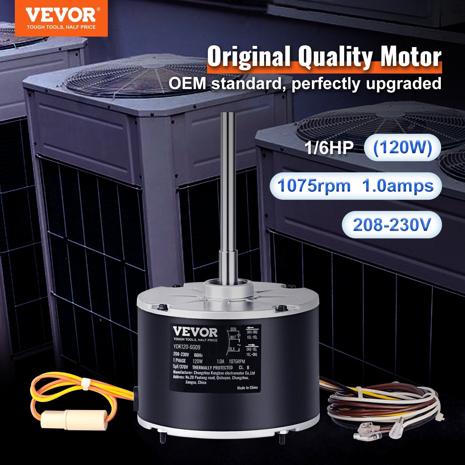 VEVOR Condenser Fan Motor OGD1016, 1/6 HP 208-230V Condenser Fan Motor 1075RPM, OEM Standard Upgraded Replacement Condenser Motor Reversible Rotating, Explosion-proof CBB65 5?F/370V Capacitor 