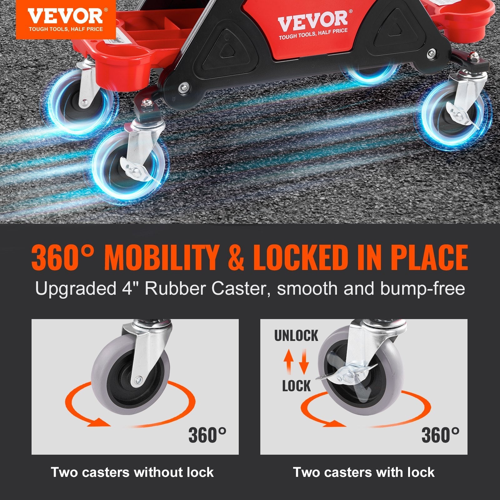 VEVOR Mechanics Stool, 300 LBS Capacity Rolling Mechanic Seat with 4" Wheels, with Three Slide Out Tool Trays and Drawer, Heavy Duty Roller Creeper Seat for Home Garage DIY Automotive 