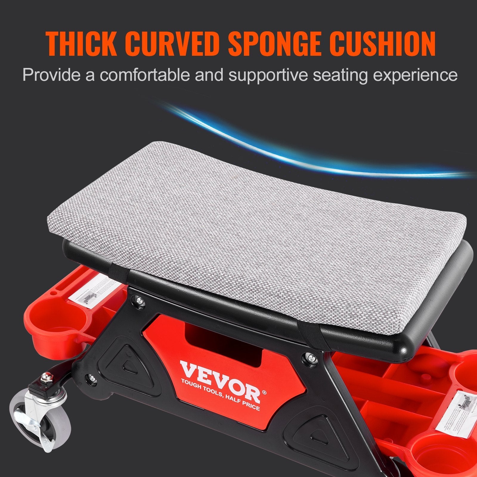 VEVOR Mechanics Stool, 300 LBS Capacity Rolling Mechanic Seat with 4" Wheels, with Three Slide Out Tool Trays and Drawer, Heavy Duty Roller Creeper Seat for Home Garage DIY Automotive 