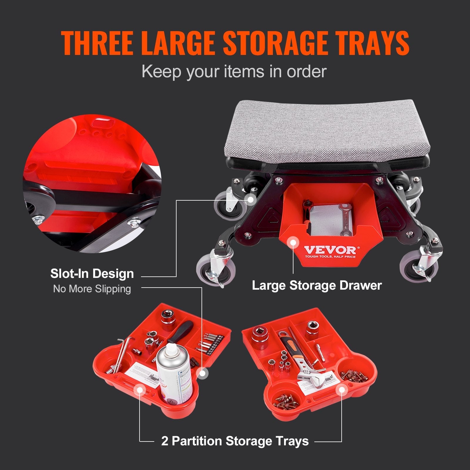 VEVOR Mechanics Stool, 300 LBS Capacity Rolling Mechanic Seat with 4" Wheels, with Three Slide Out Tool Trays and Drawer, Heavy Duty Roller Creeper Seat for Home Garage DIY Automotive 