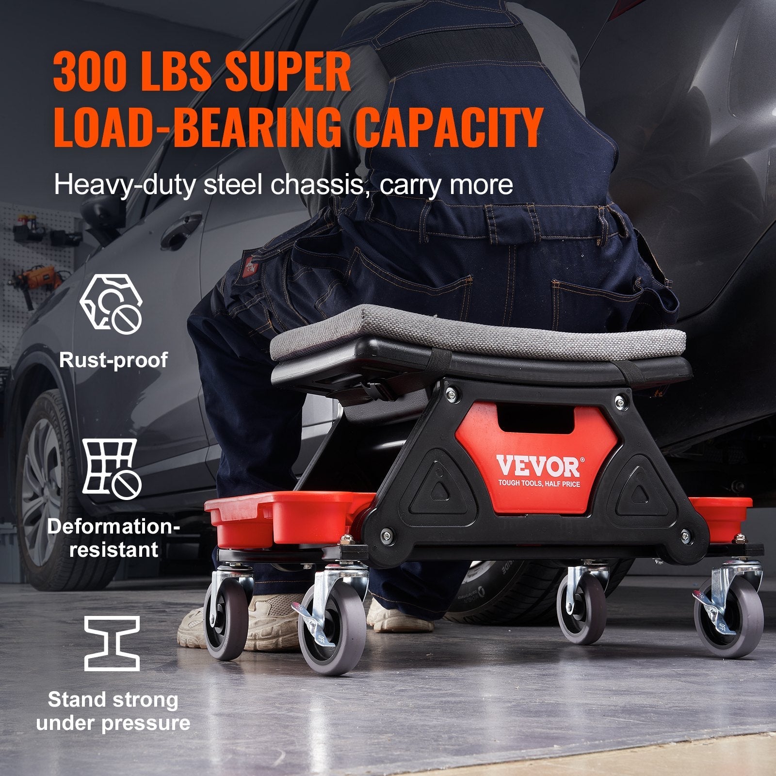 VEVOR Mechanics Stool, 300 LBS Capacity Rolling Mechanic Seat with 4" Wheels, with Three Slide Out Tool Trays and Drawer, Heavy Duty Roller Creeper Seat for Home Garage DIY Automotive 