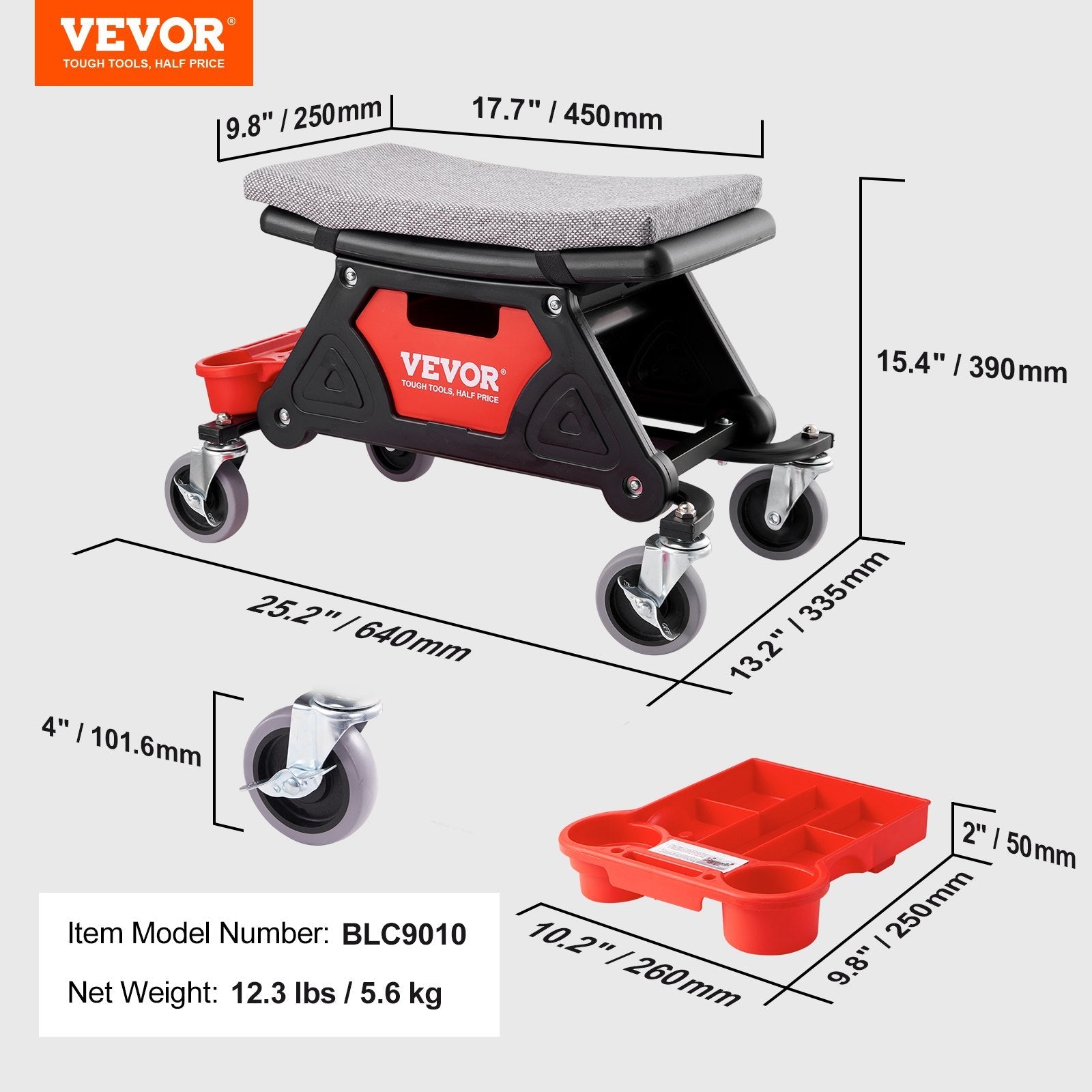 VEVOR Mechanics Stool, 300 LBS Capacity Rolling Mechanic Seat with 4" Wheels, with Three Slide Out Tool Trays and Drawer, Heavy Duty Roller Creeper Seat for Home Garage DIY Automotive 