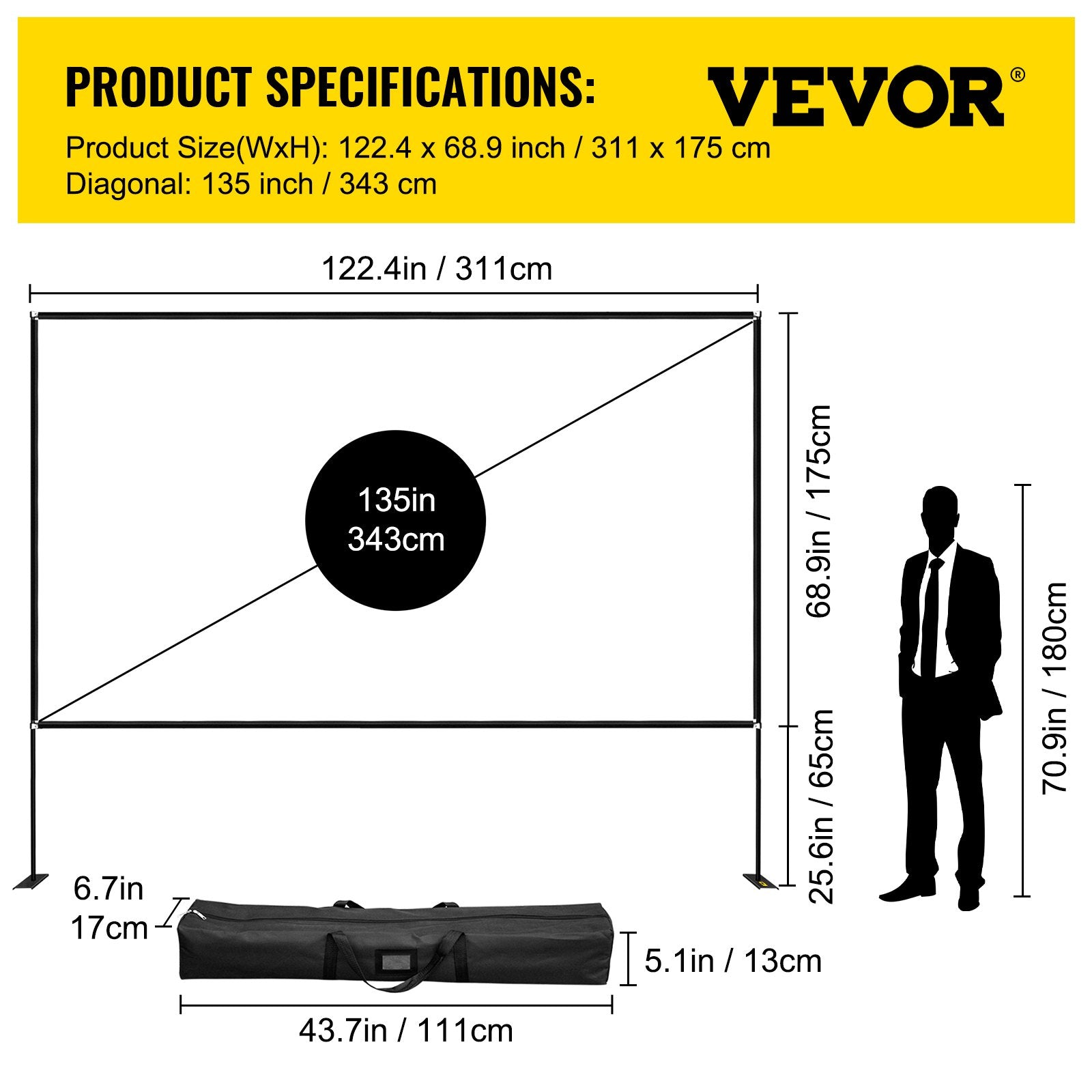 VEVOR Outdoor Movie Screen w/ Stand Portable Movie Screen 135" Projector Screen 