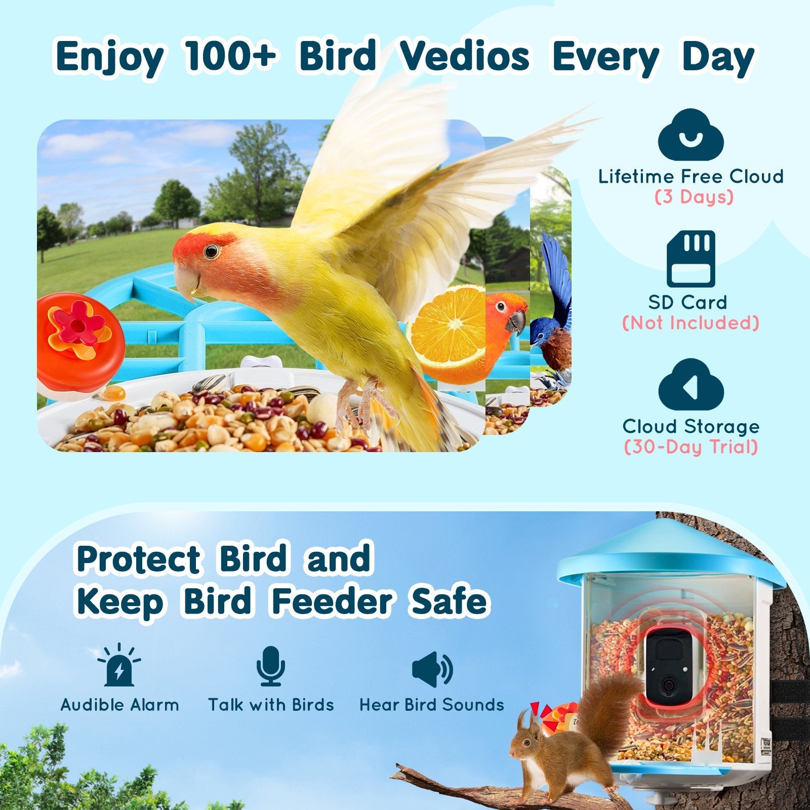 VEVOR Smart Bird Feeder with Camera 2K HD AI Identify Bird Species Solar-Powered 