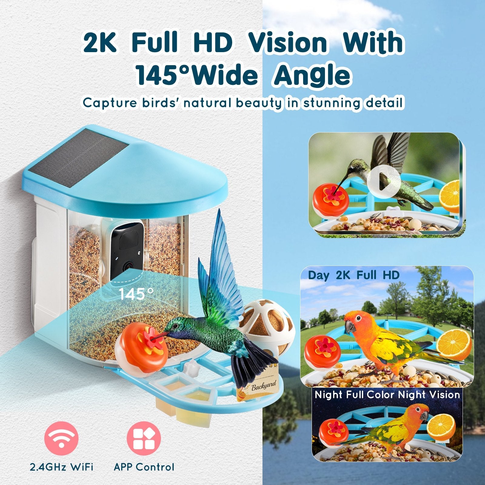 VEVOR Smart Bird Feeder with Camera 2K HD AI Identify Bird Species Solar-Powered 