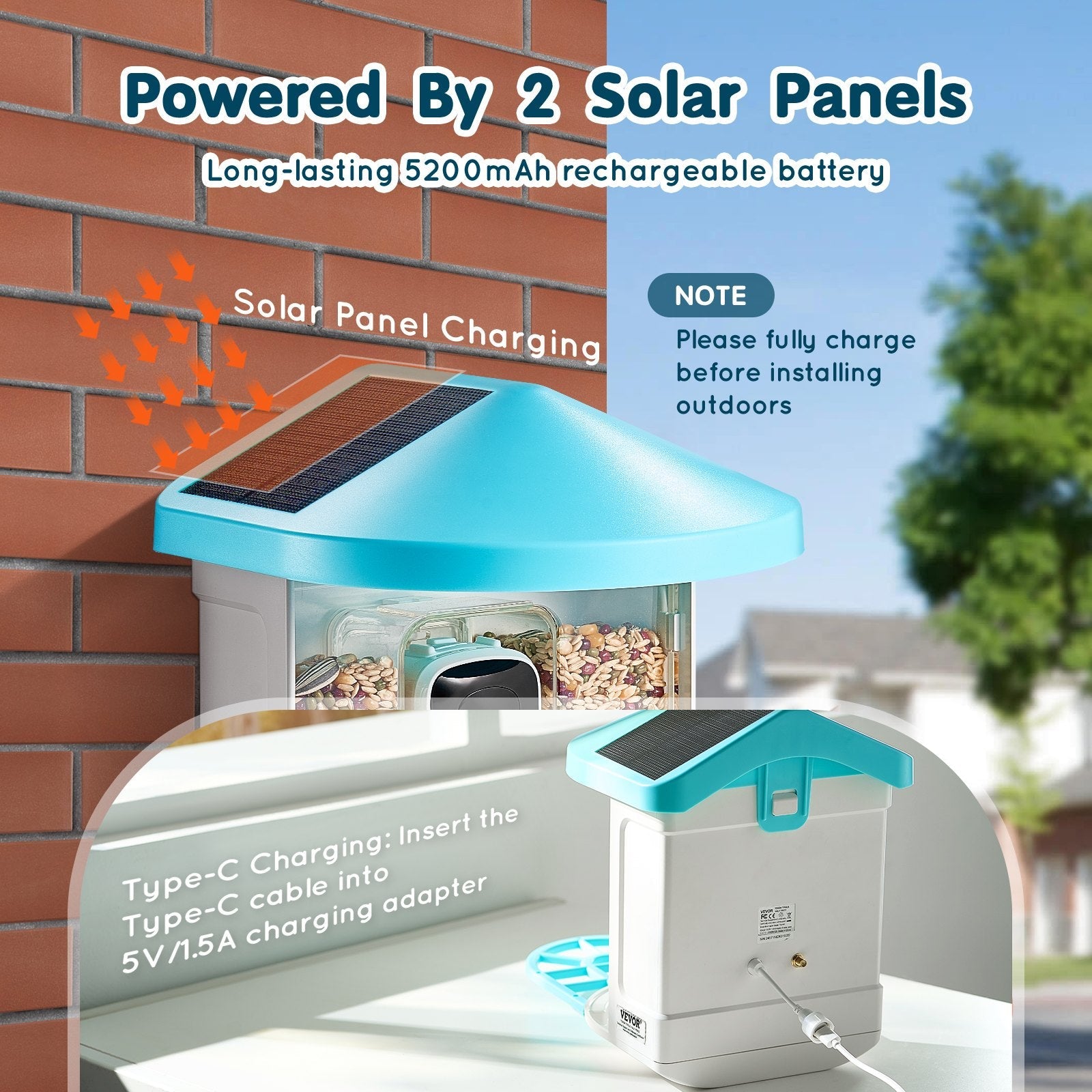 VEVOR Smart Bird Feeder with Camera 2K HD AI Identify Bird Species Solar-Powered 